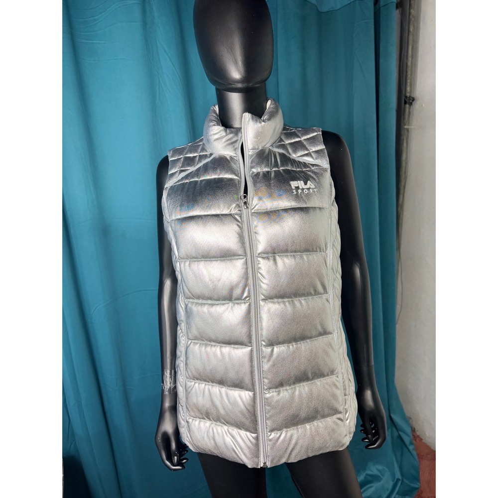 FILA SPORT Puffer Vest Silver Metallic Full Zip Padded‎ Jacket Size M